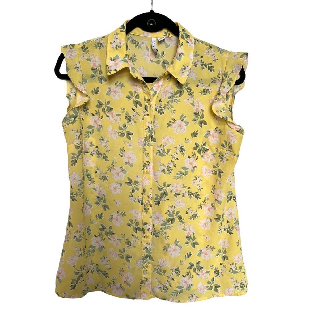 Elle Women's Sleeveless Blouse Button Up Size Small Yellow/green/pink floral